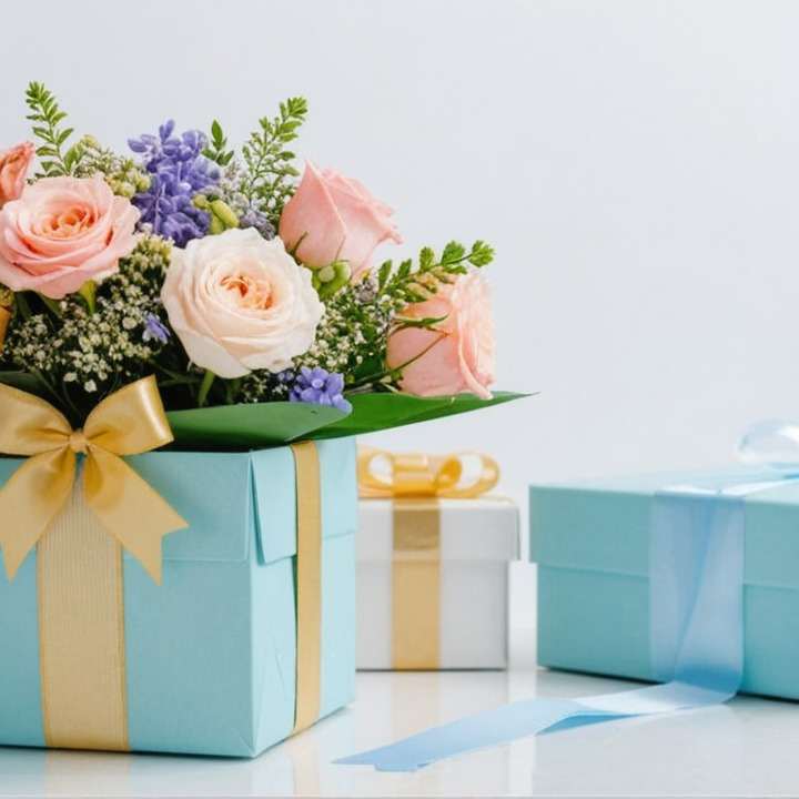 Поздравительный букет розовых роз, фиолетовых и белых цветов выходит из голубой коробки с золотистой лентой и бантом. На заднем плане видны две подарочные коробки.